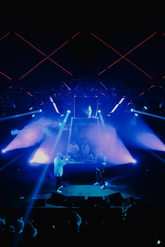 Energetic live music performance featuring vibrant stage lighting and enthusiastic crowd.